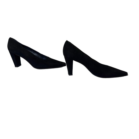 Stuart Weitzman Black Suede Heels 7.5 AAAA Pointed Toe Pumps Leather Sole Spain - Picture 2 of 8